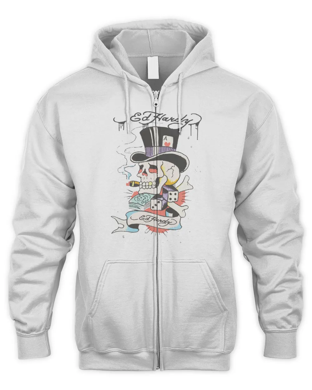 Ed Hardy Merch Skull Tophat Shirt Men's Zip Hoodie white s
